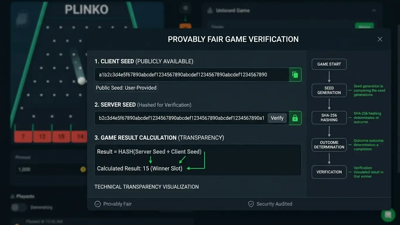 Provably fair game interface showing cryptographic hash verification for Plinko game