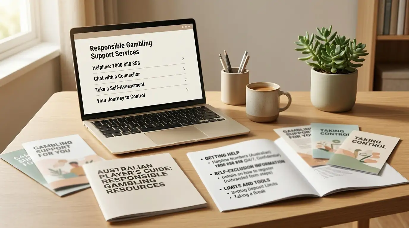 Calm desk with responsible gambling resources and self-exclusion information for Australian players