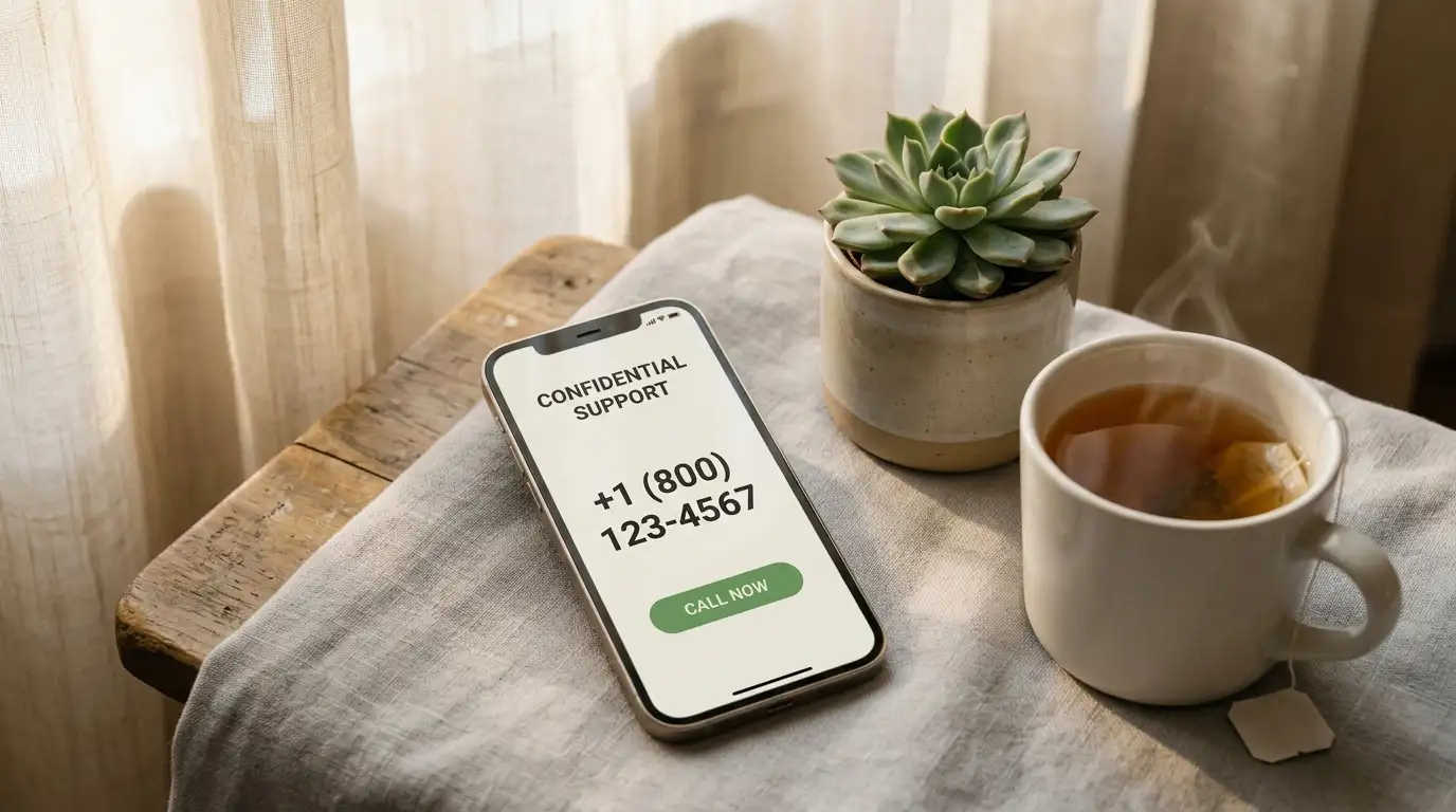 Smartphone showing helpline interface beside tea and succulent plant in calming light