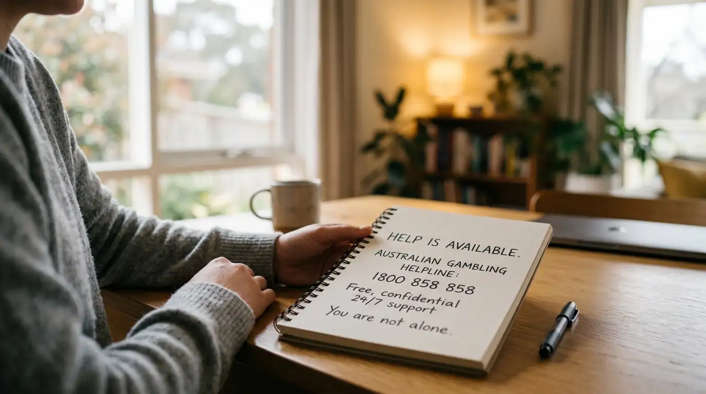 Person sitting at desk with Australian helpline information visible on notepad