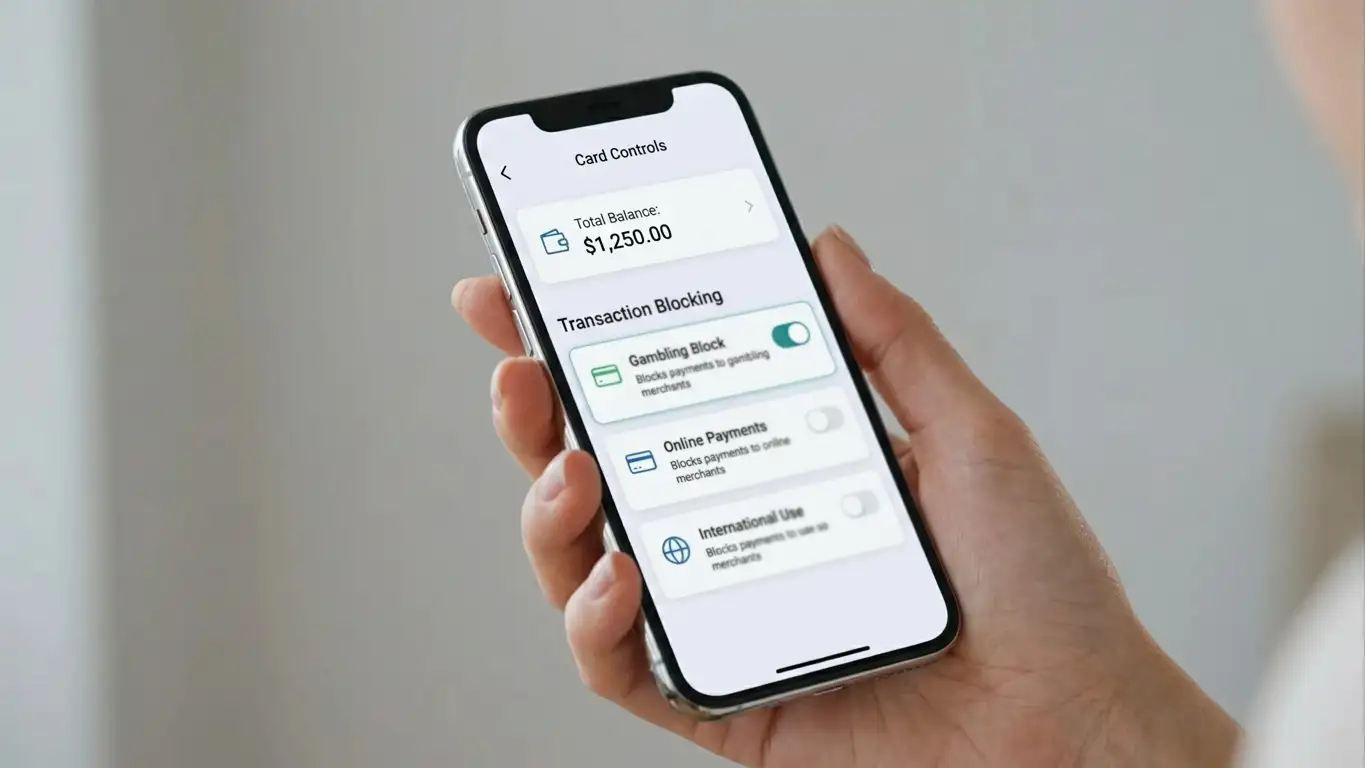 Banking app interface with gambling block toggle enabled
