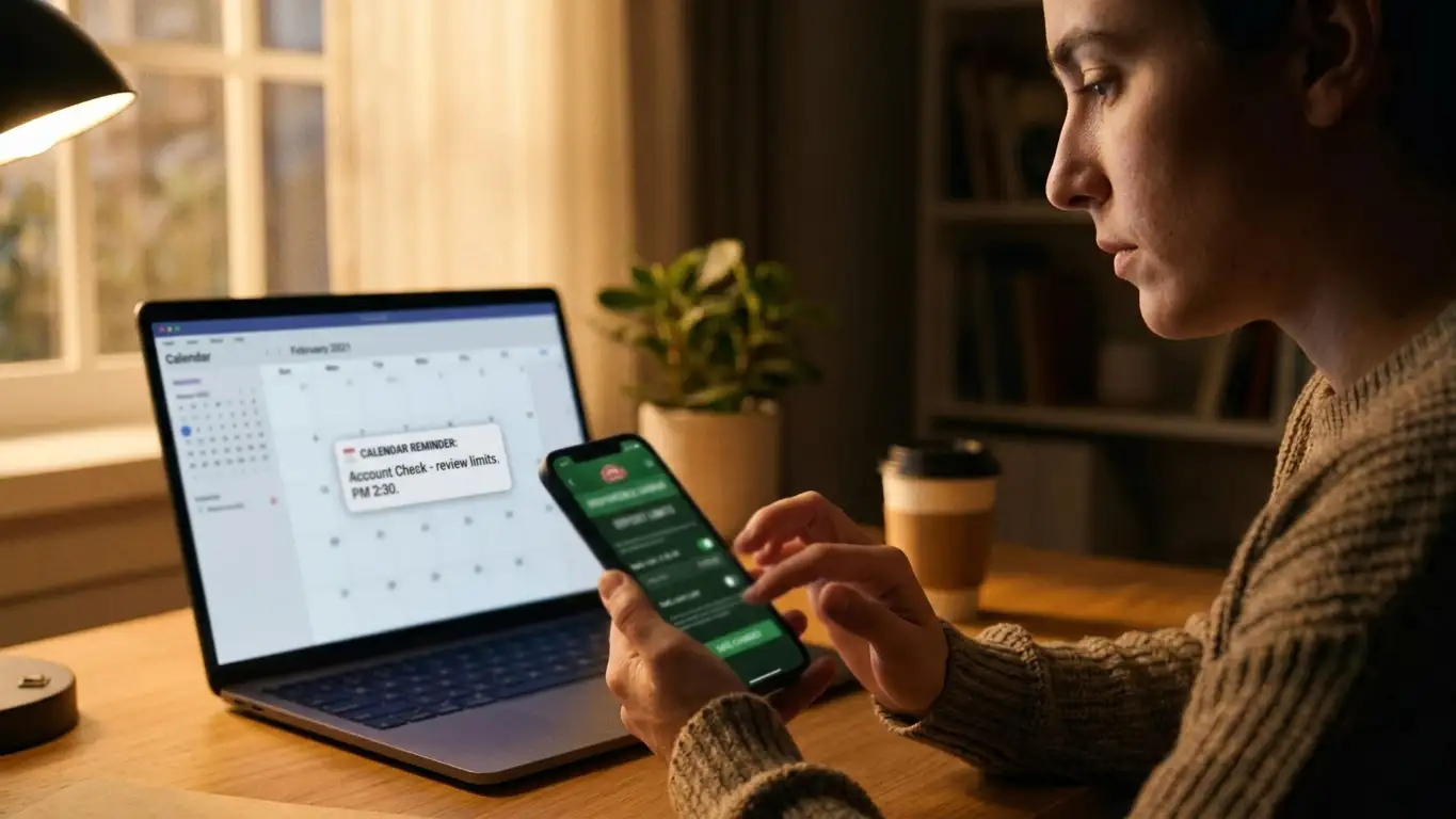Person setting deposit limits on smartphone casino app with calendar reminder