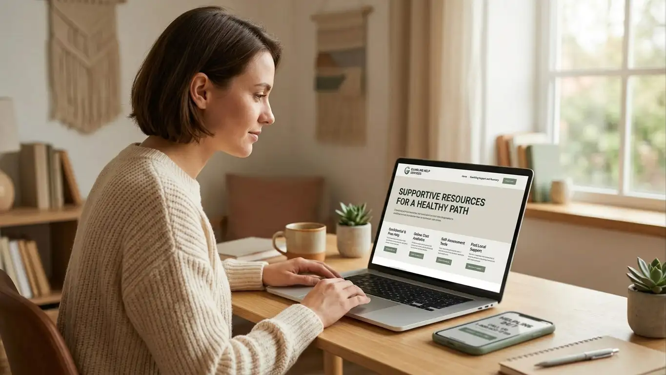 Person accessing gambling help resources on laptop showing support services