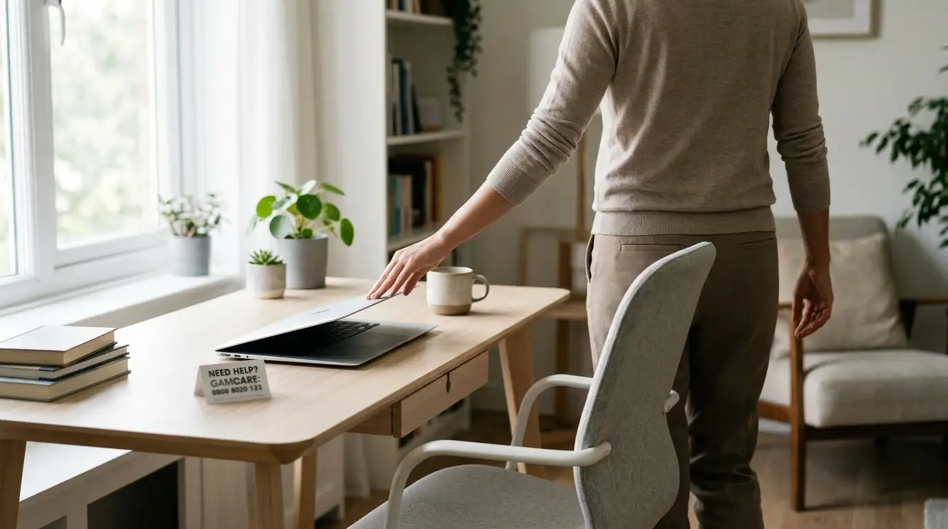 Person closing laptop and stepping away from desk with responsible gambling helpline number visible