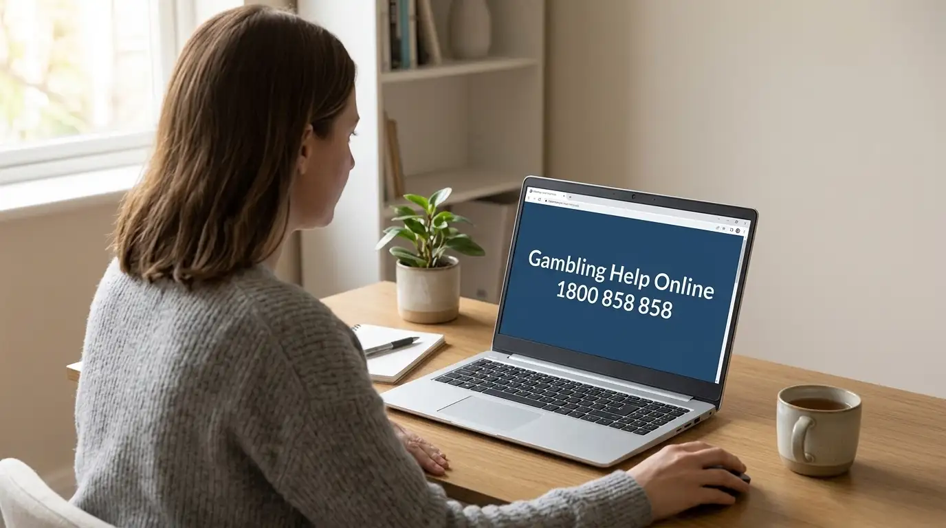 Person sitting at desk looking at screen with Gambling Help Online contact information visible