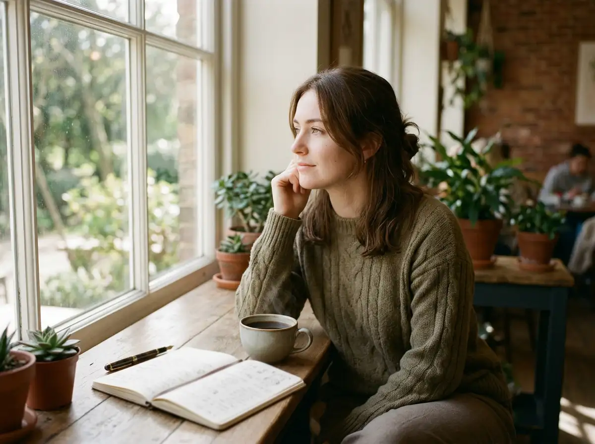 Person sitting at table with coffee and notebook in warm natural window light