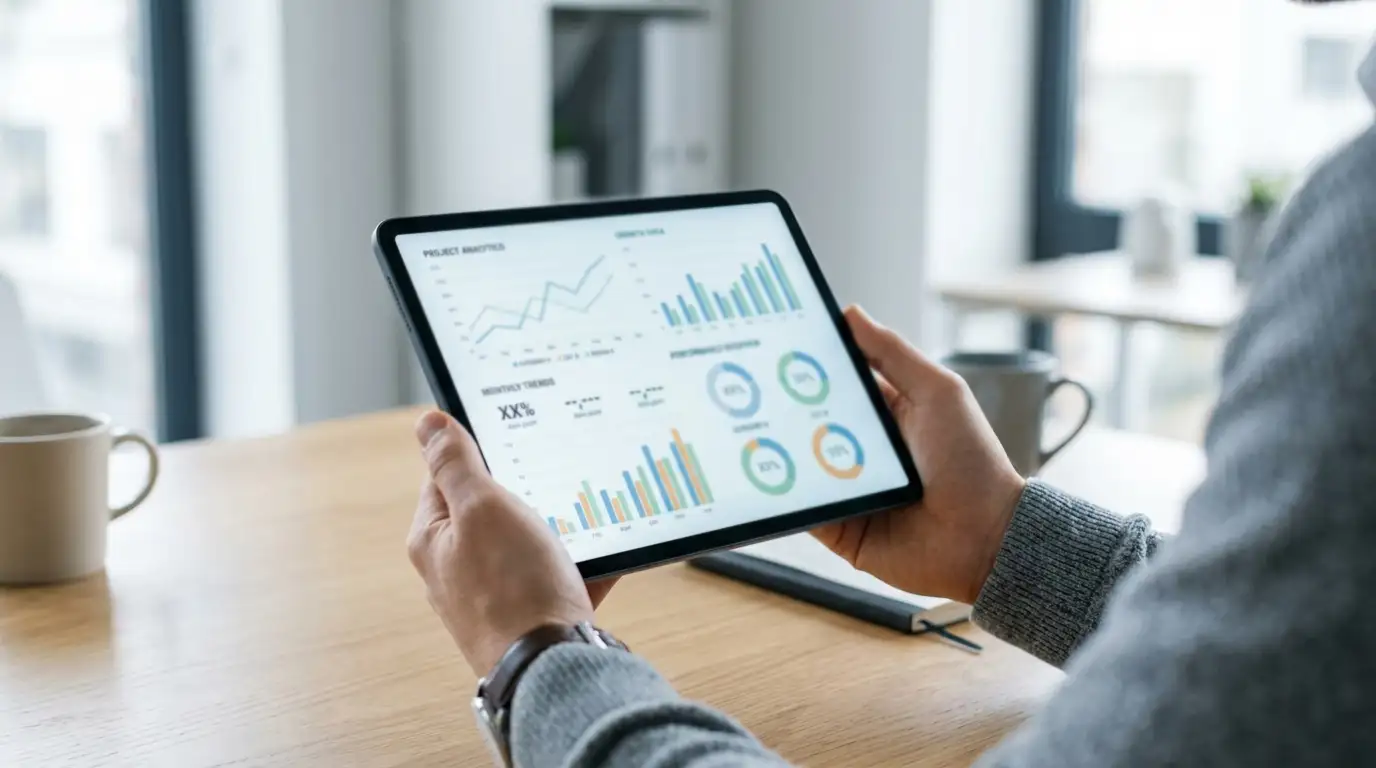 Person holding tablet displaying percentage graphs and statistical charts