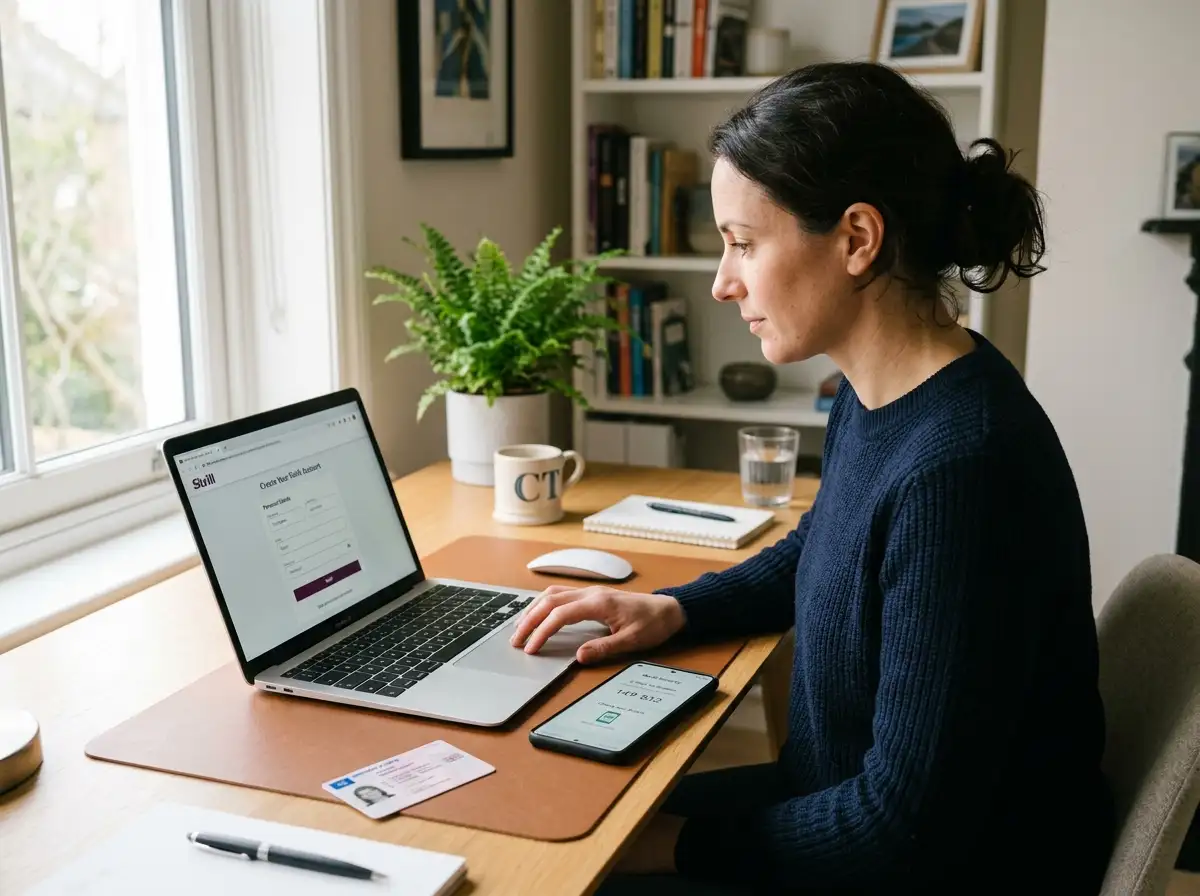 Person setting up Skrill account on laptop with smartphone for two-factor authentication