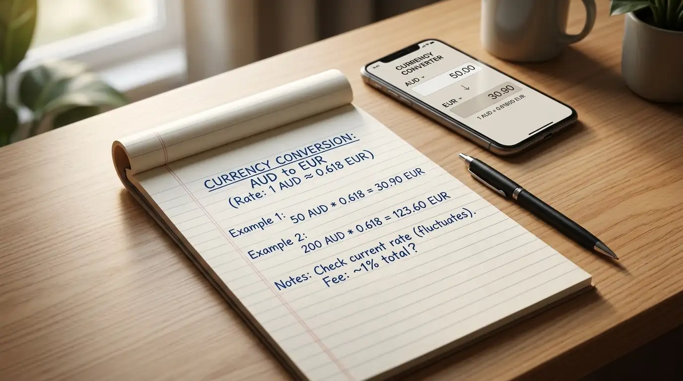Calculator and notepad showing AUD to EUR currency conversion fee calculation