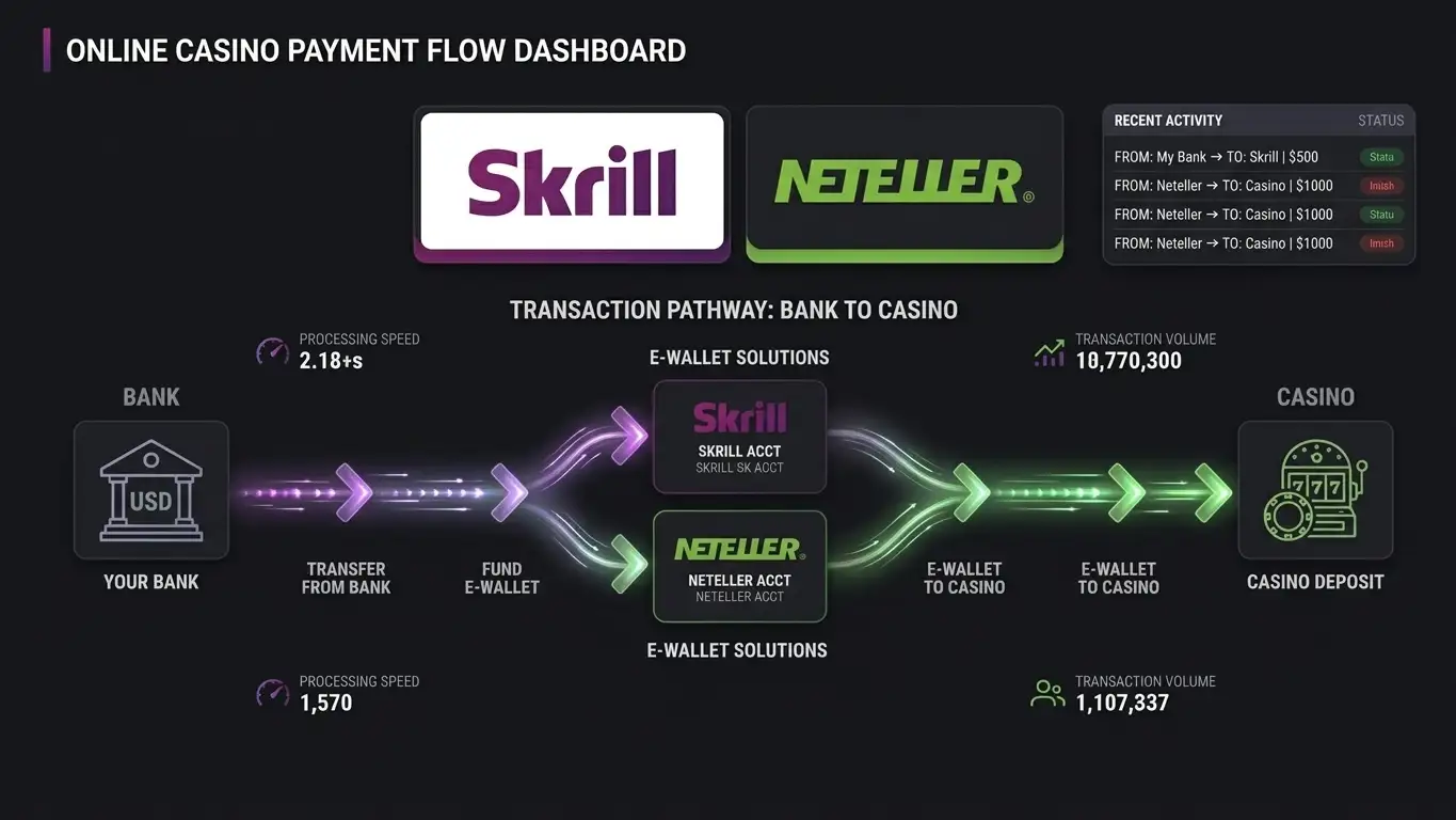 Digital wallet interface showing Skrill and Neteller logos with transaction flow diagram