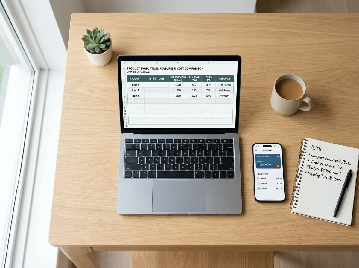 Overhead view of laptop displaying e-wallet comparison spreadsheet