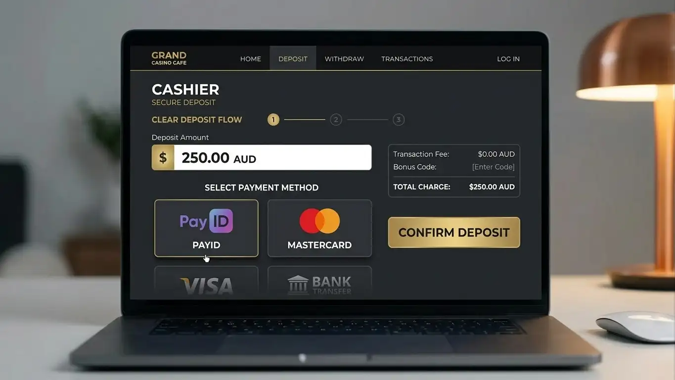 SkyCrown Casino cashier interface showing PayID and Mastercard payment options