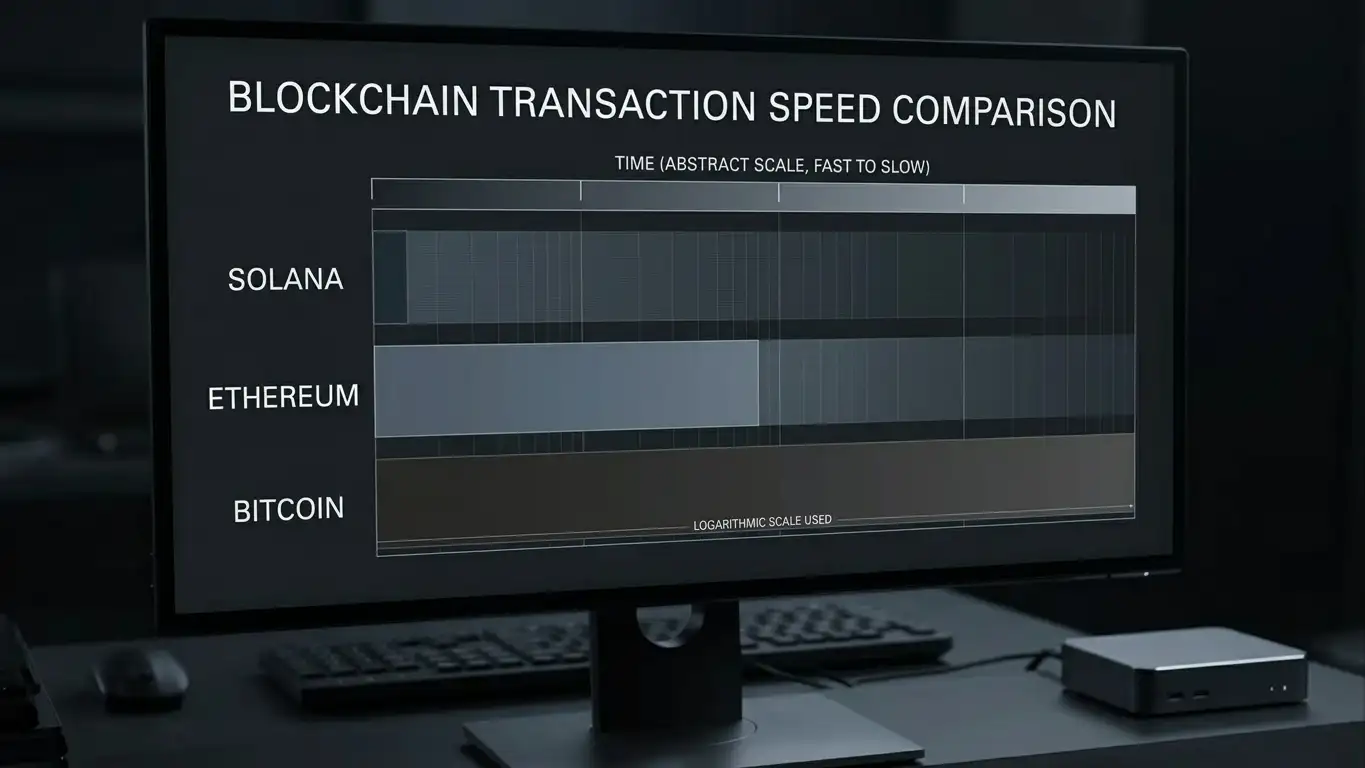 Timeline visualization showing blockchain transaction speeds with Solana, Bitcoin, and Ethereum comparison