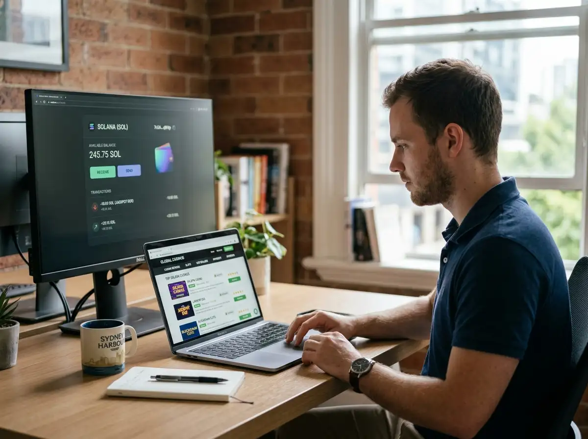 Australian player reviewing offshore Solana casino options on laptop with crypto wallet visible