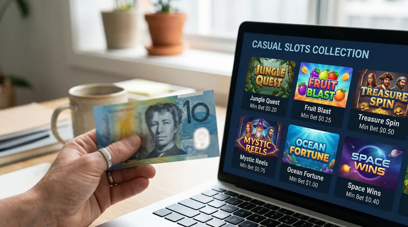 Hand holding Australian $10 note next to laptop showing pokies game library at low-stakes casino