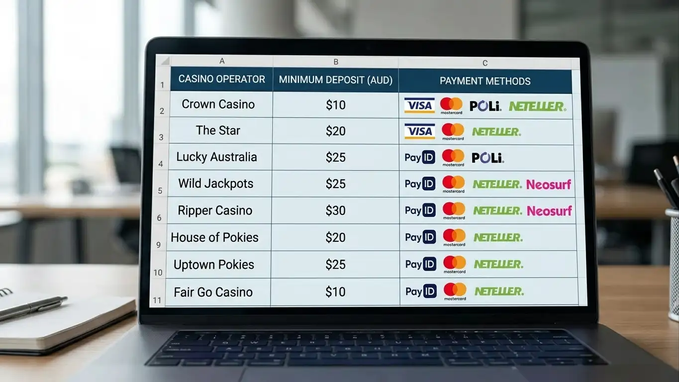 Comparison table showing eight offshore casino operators with $10 minimum deposits displayed on laptop screen