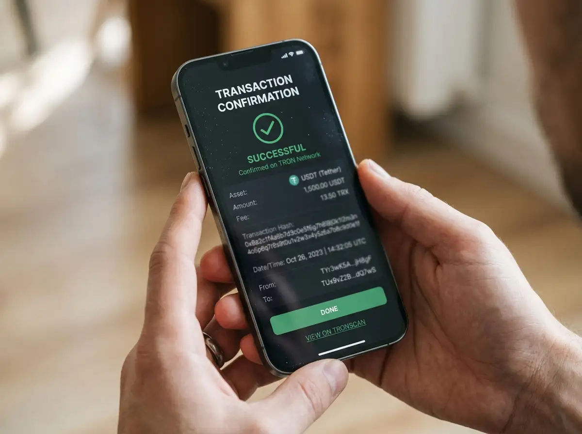 Smartphone displaying blockchain transaction confirmation for USDT deposit on Tron network