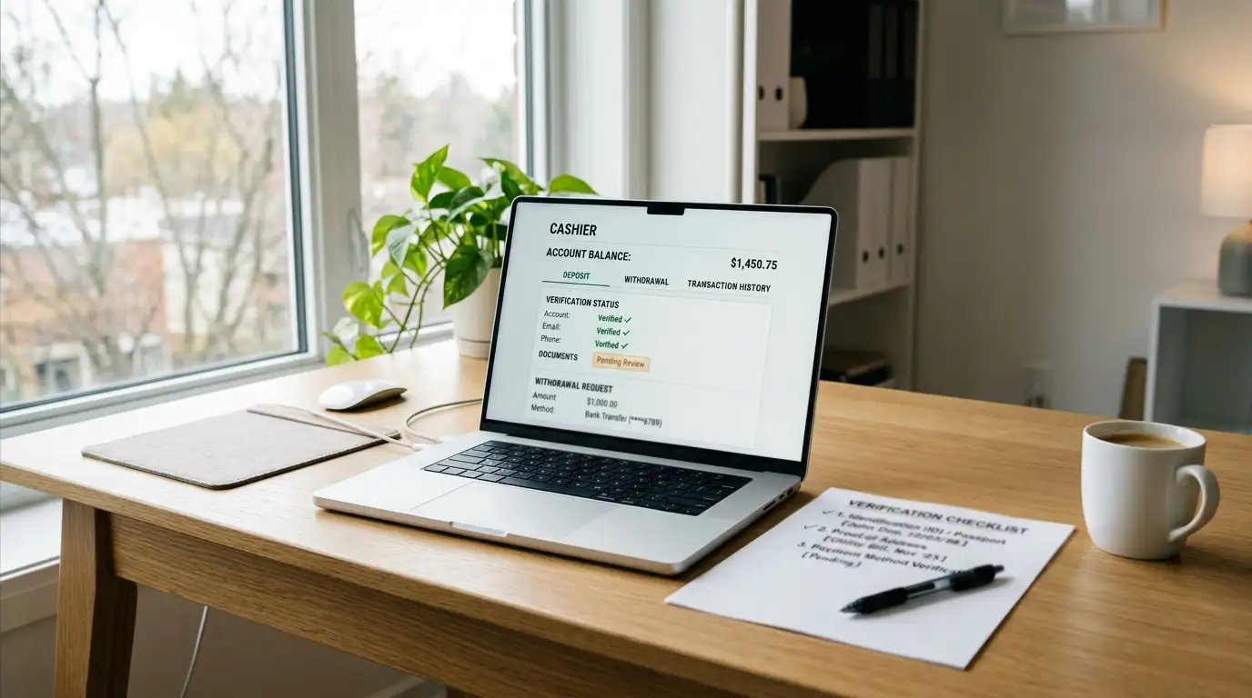 Desk with laptop displaying casino cashier page and verification checklist