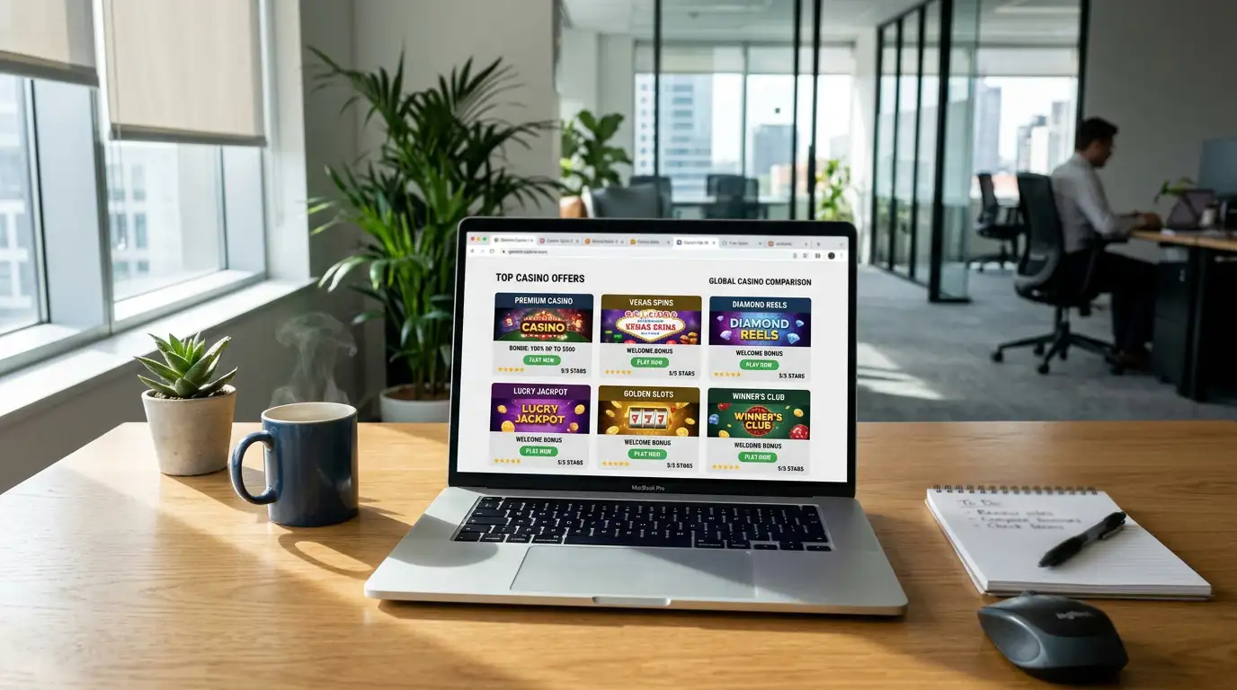 Laptop screen displaying six verified offshore casino homepages accepting low deposits
