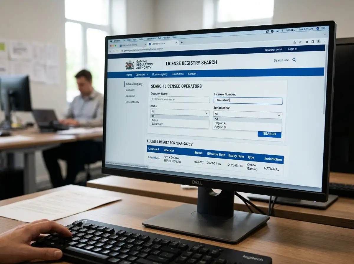 Computer screen showing official gambling regulator registry with license verification search interface