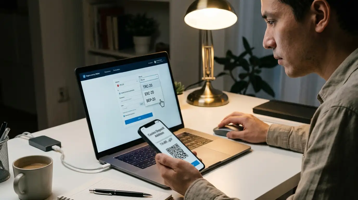 Person carefully verifying wallet network selection before confirming USDT casino deposit