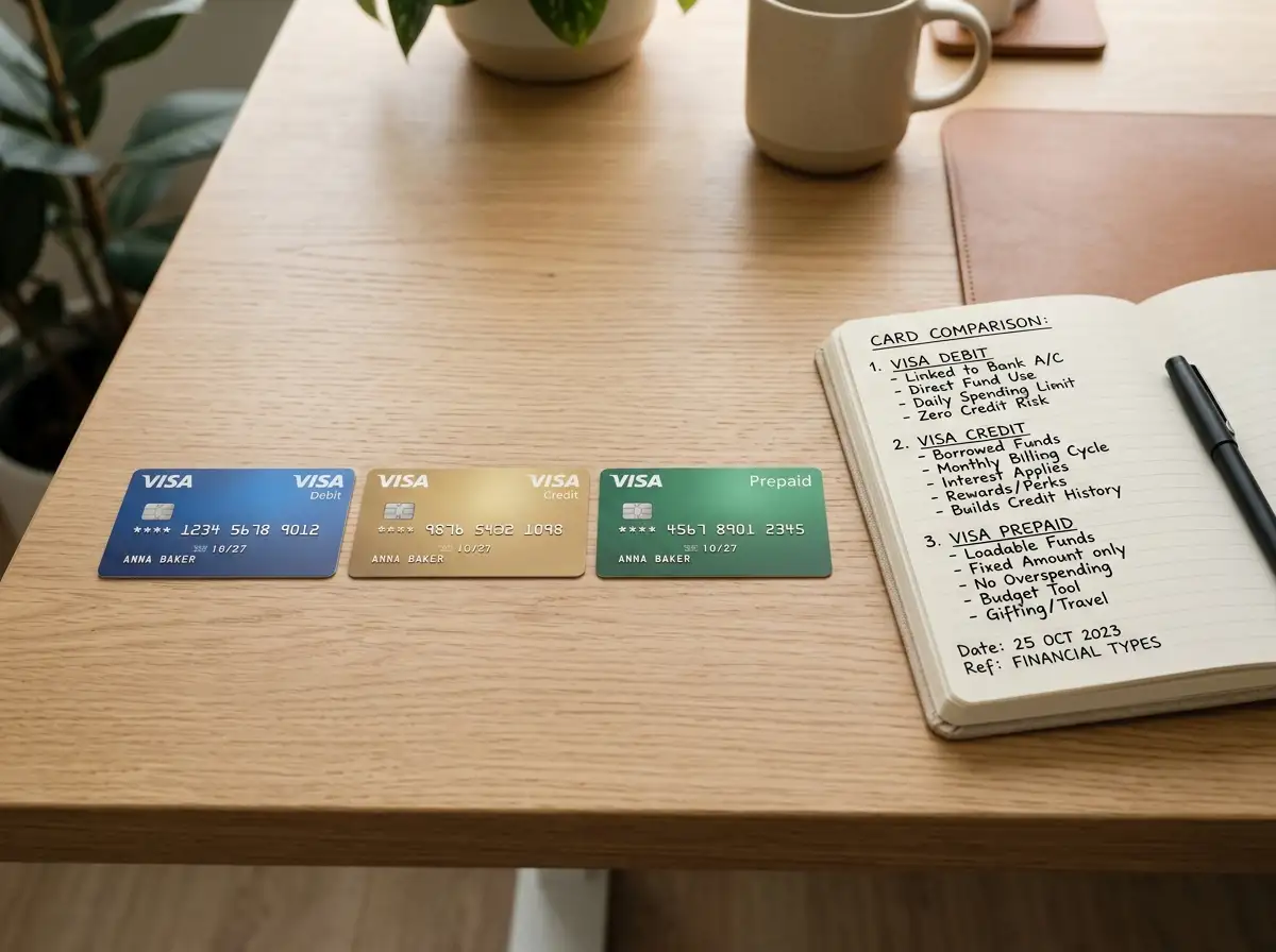 Three Visa cards on desk showing debit credit and prepaid variants