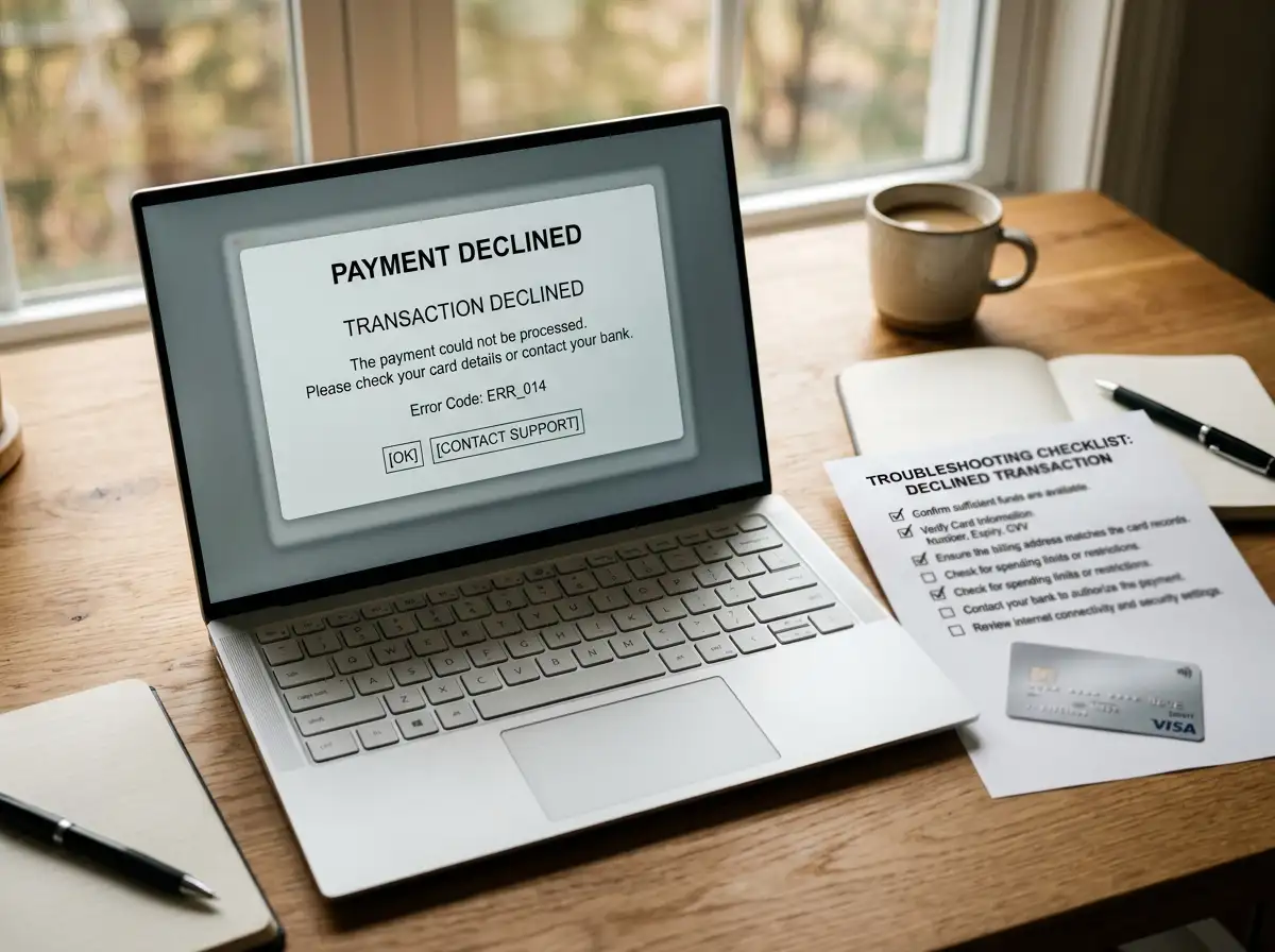 Declined transaction screen and troubleshooting checklist on laptop