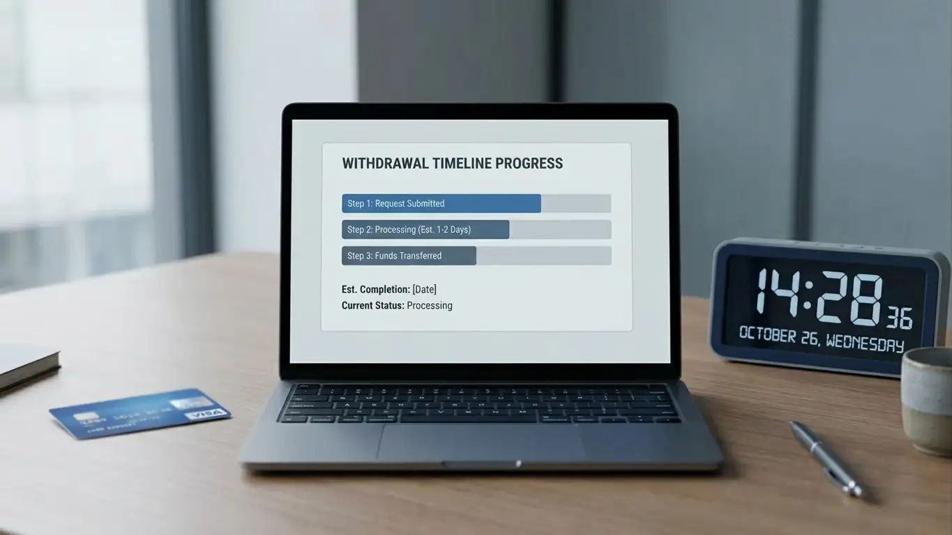 Clock and Visa card showing withdrawal timeline comparison