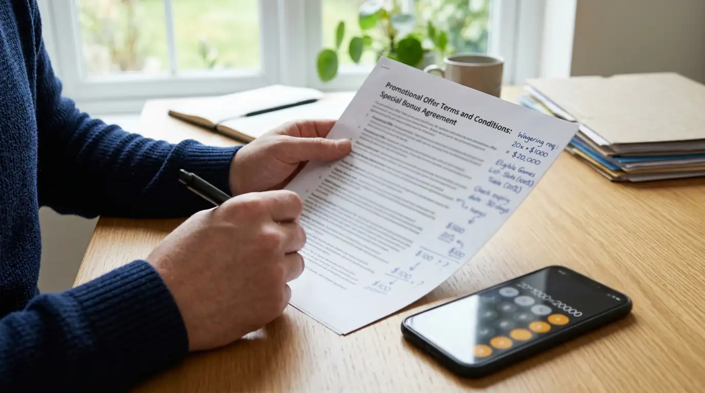 Player reviewing bonus terms document with handwritten wagering calculations