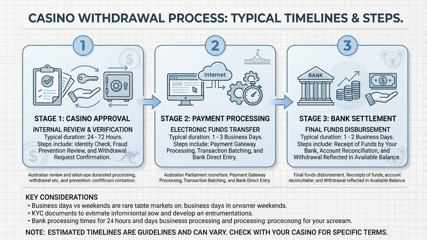 Three stages of casino withdrawal process from approval to settlement