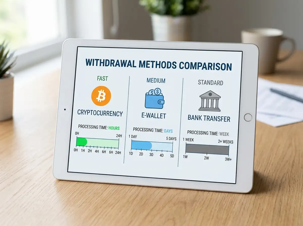 Withdrawal methods comparison chart showing crypto, e-wallets, and bank transfer options