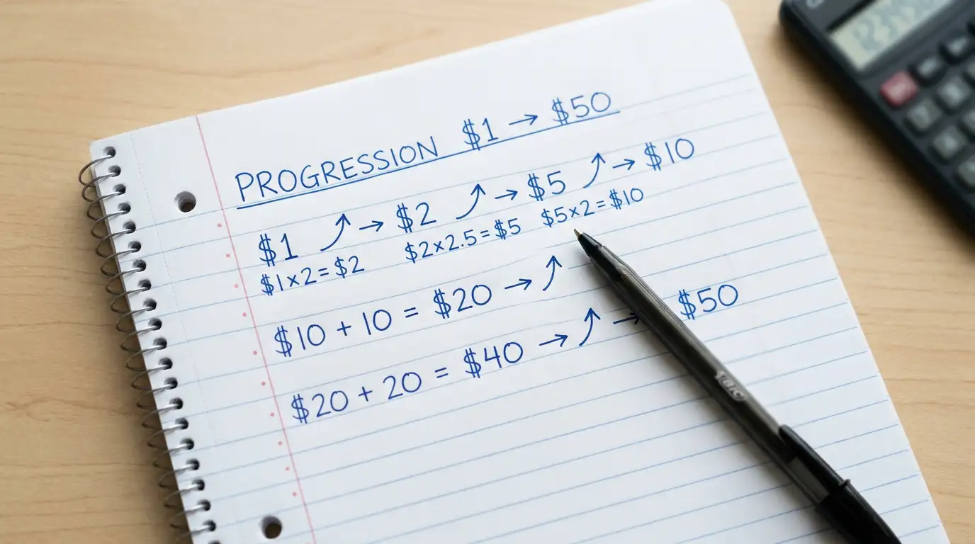 Notebook page with hand-drawn calculations showing $1 to $50 growth arrows