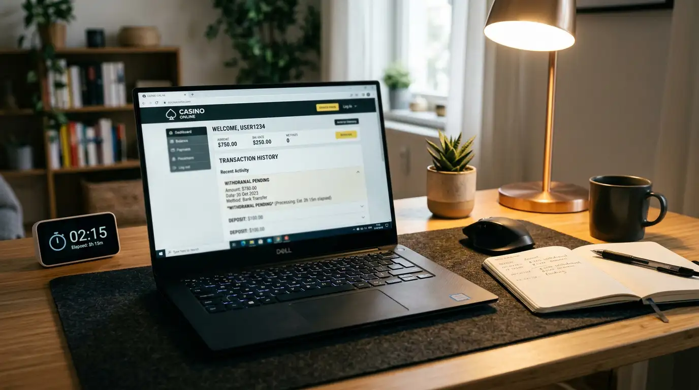 Laptop with withdrawal pending screen and clock showing processing time