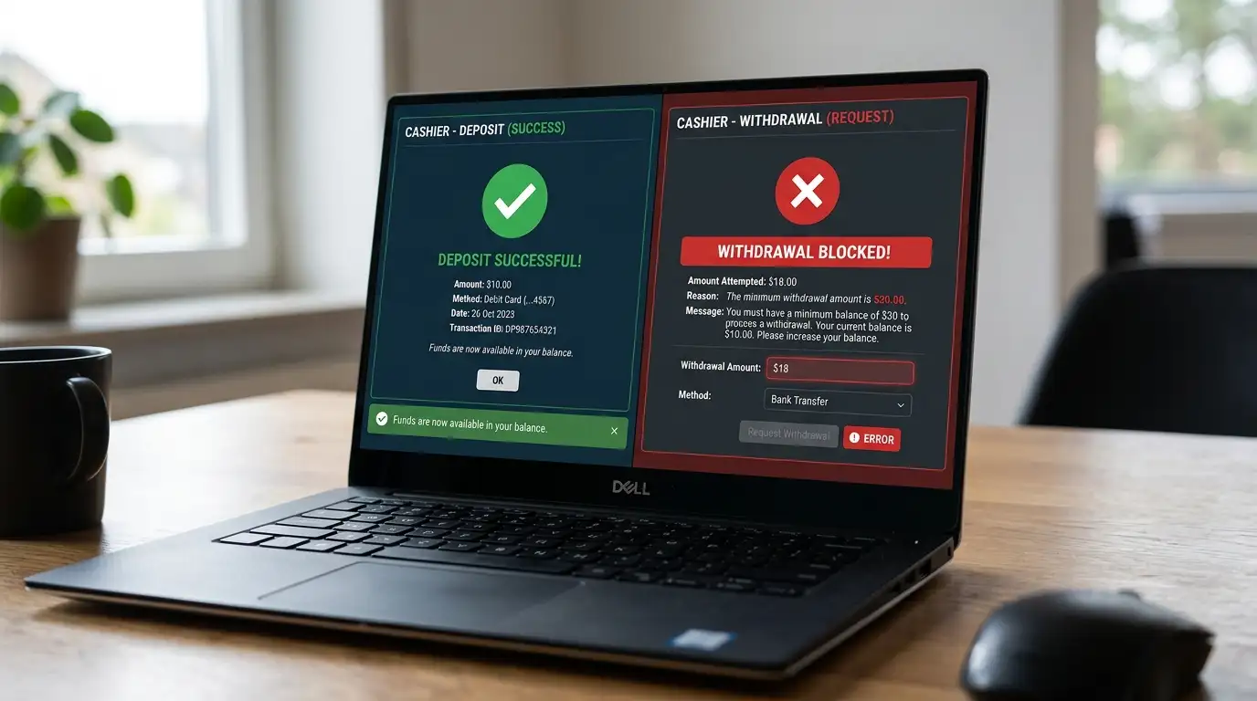 Split-screen showing $10 deposit accepted instantly and $30 minimum withdrawal requirement blocking $18 cashout attempt