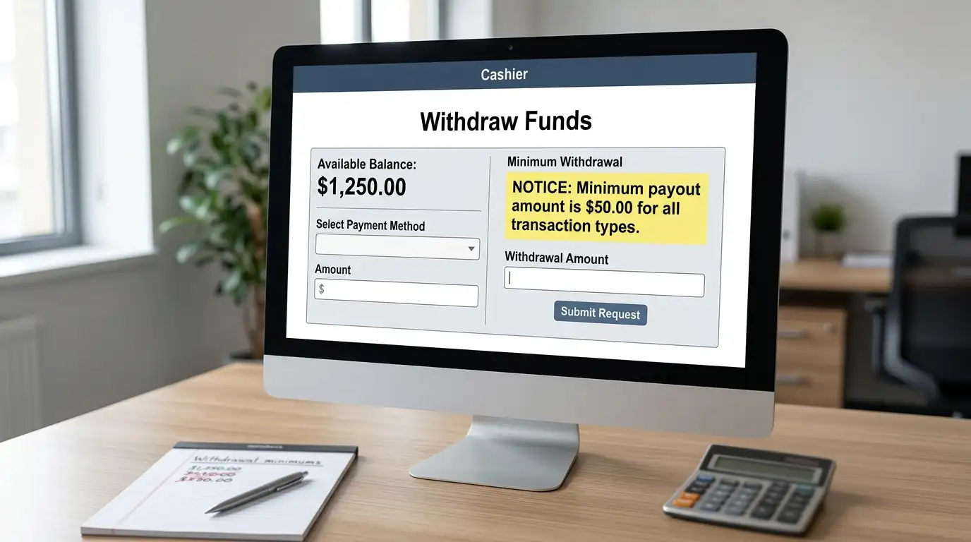 Casino withdrawal screen showing A$20 minimum payout threshold with balance display