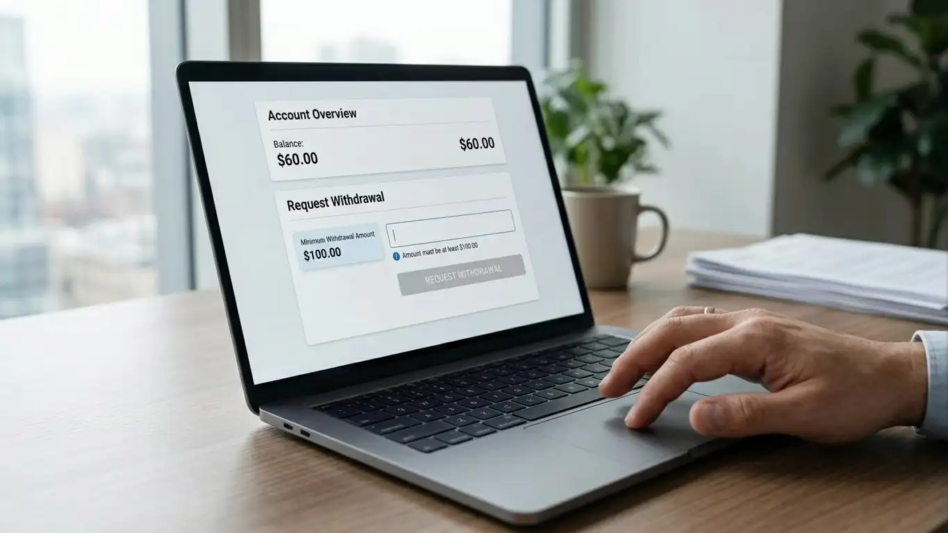 Person checking a withdrawal request on a laptop screen with a balance display showing funds below the minimum threshold