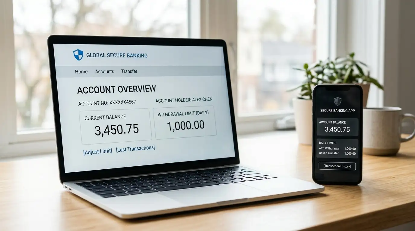 Banking interface showing withdrawal minimum threshold and account balance